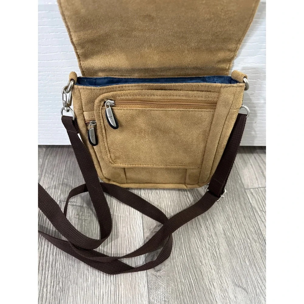 Travelon Tan Faux‎ Suede Crossbody Bag Travel Purse with Built-in Wallet